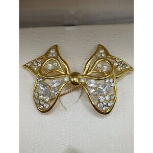 Nolan Miller Glamour Collection Gold Tone Crystal Bow Brooch Pin in Box